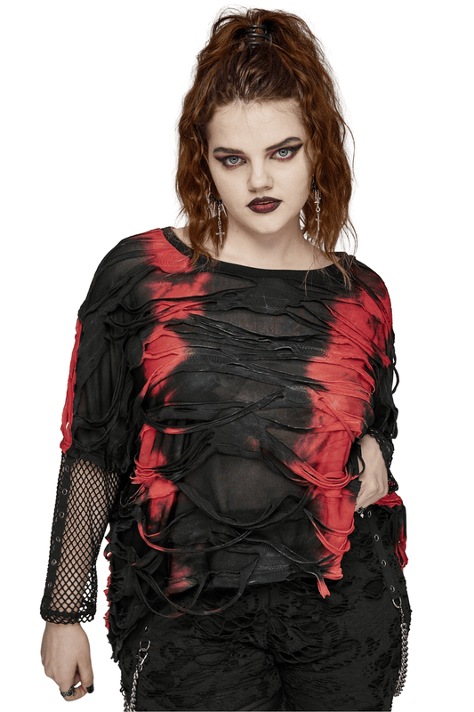 Edgy Punk Tie-Dye Loose Top with Mesh Sleeves for Women