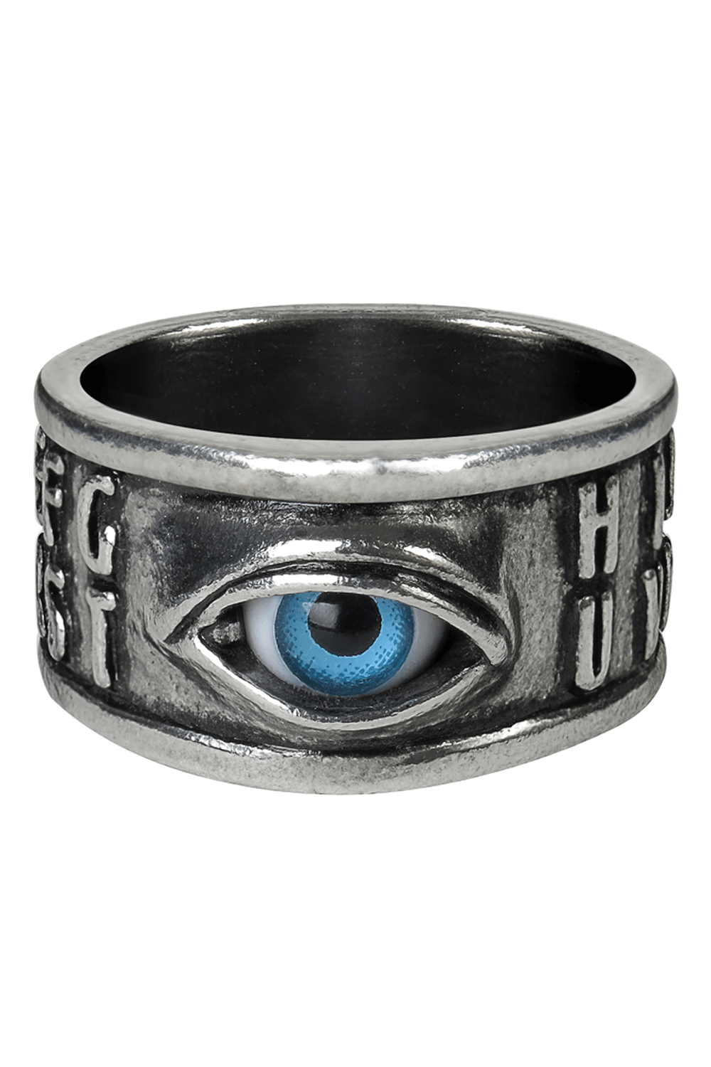 Edgy Ring with Raised Alphabet and Realistic Acrylic Eye