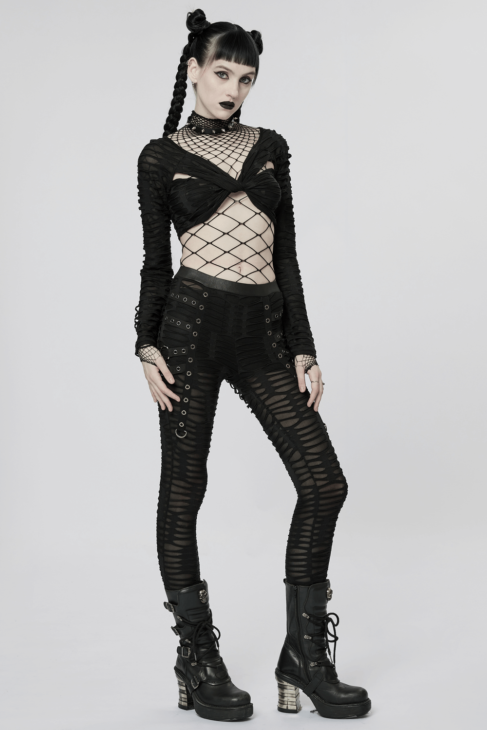 Edgy Ripped Black Leggings with Metal Rivets and Rings