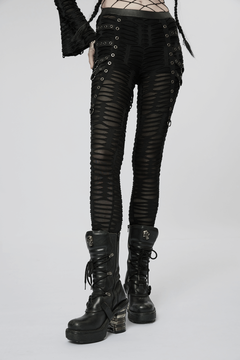 Edgy Ripped Black Leggings with Metal Rivets and Rings