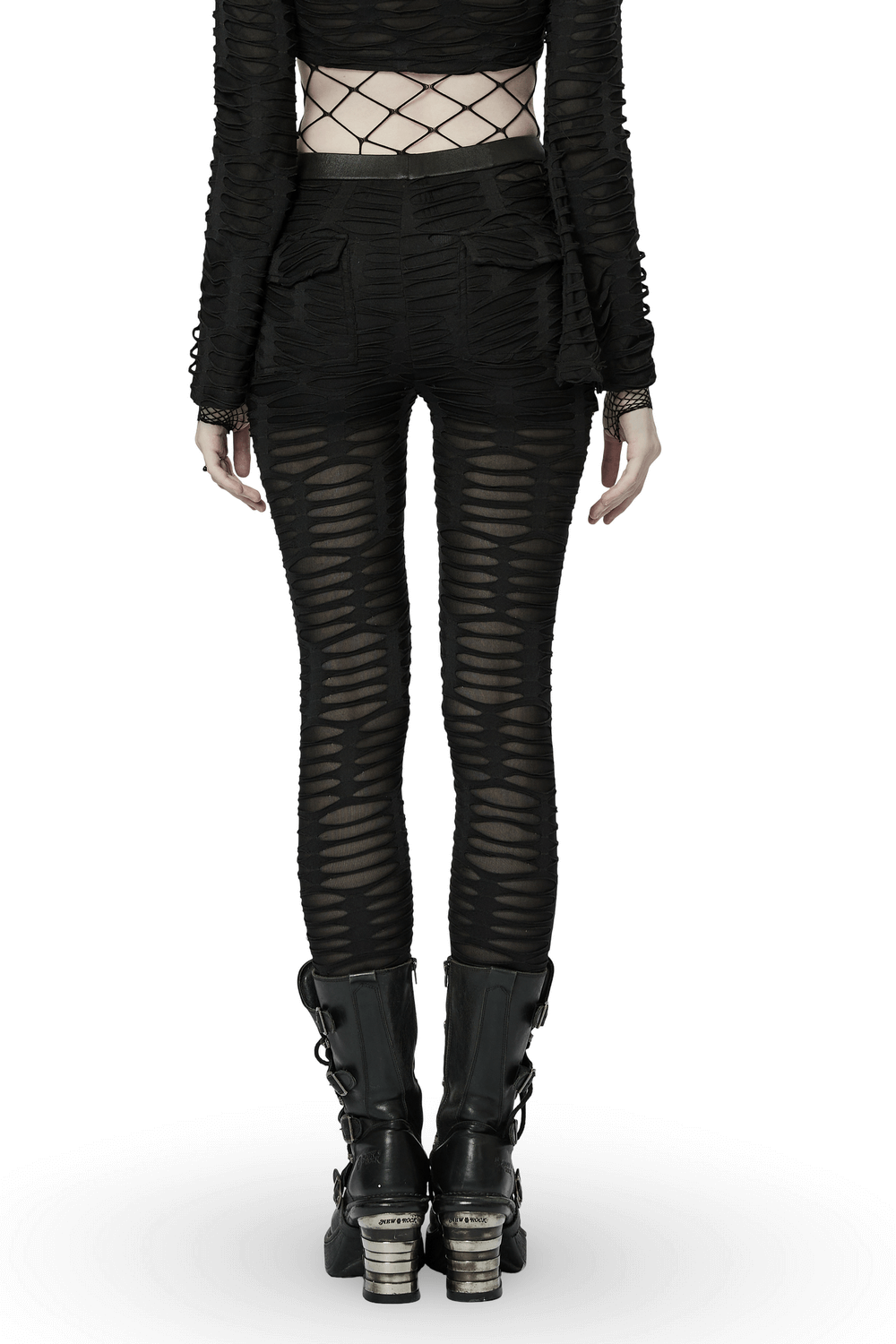 Edgy Ripped Black Leggings with Metal Rivets and Rings