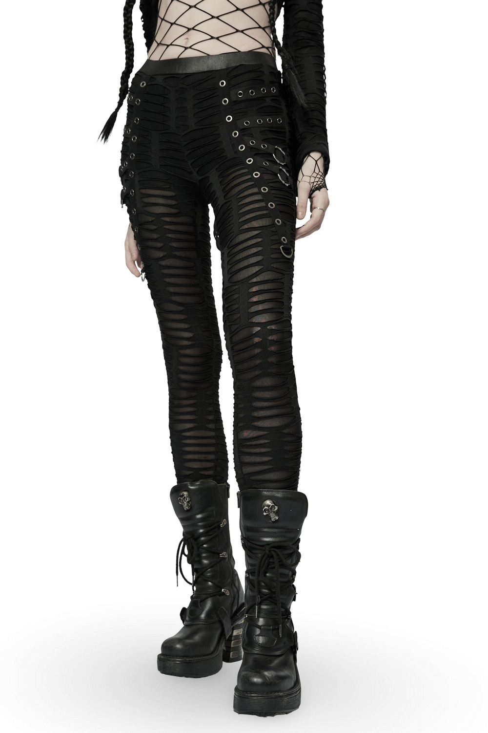 Edgy Ripped Black Leggings with Metal Rivets and Rings