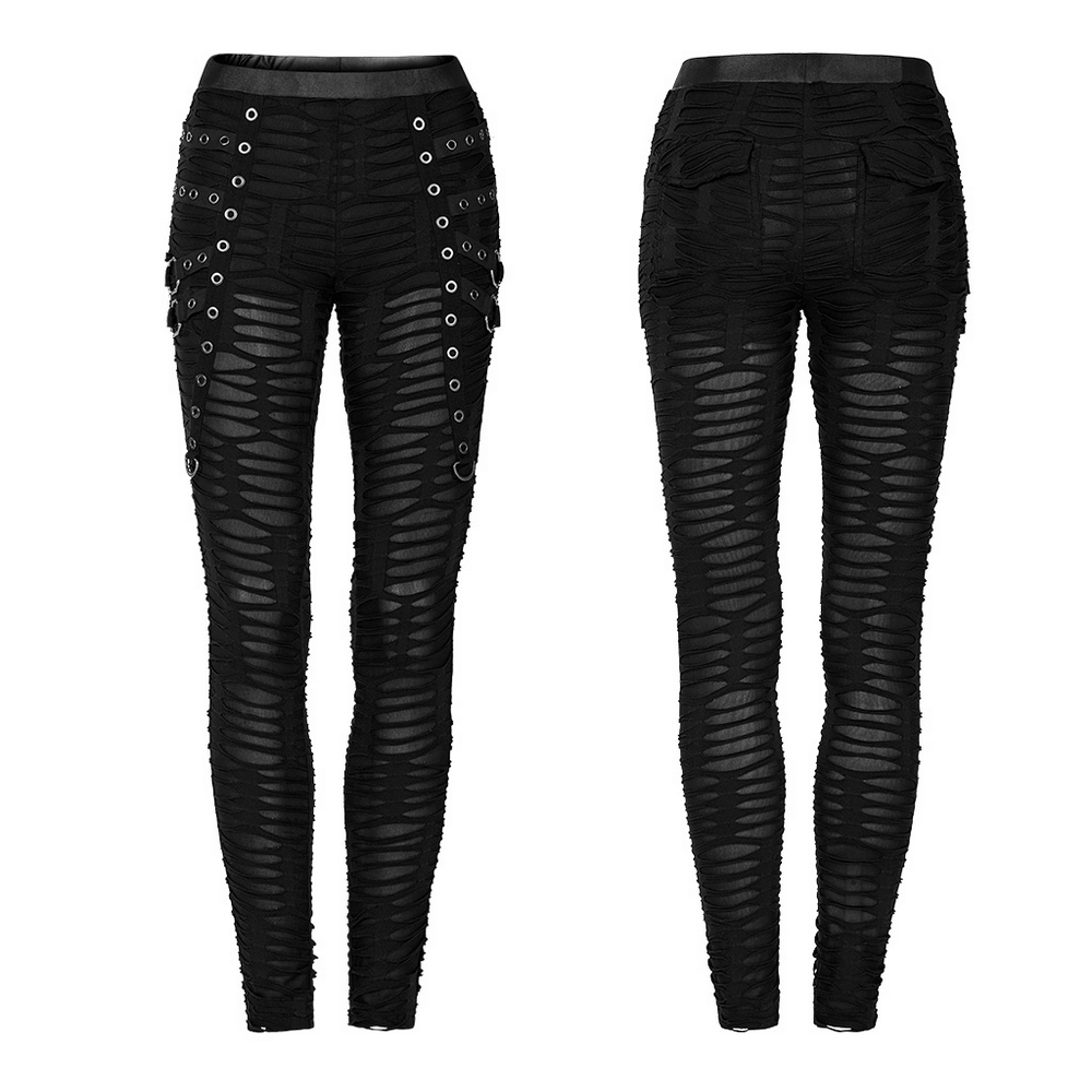 Edgy Ripped Black Leggings with Metal Rivets and Rings