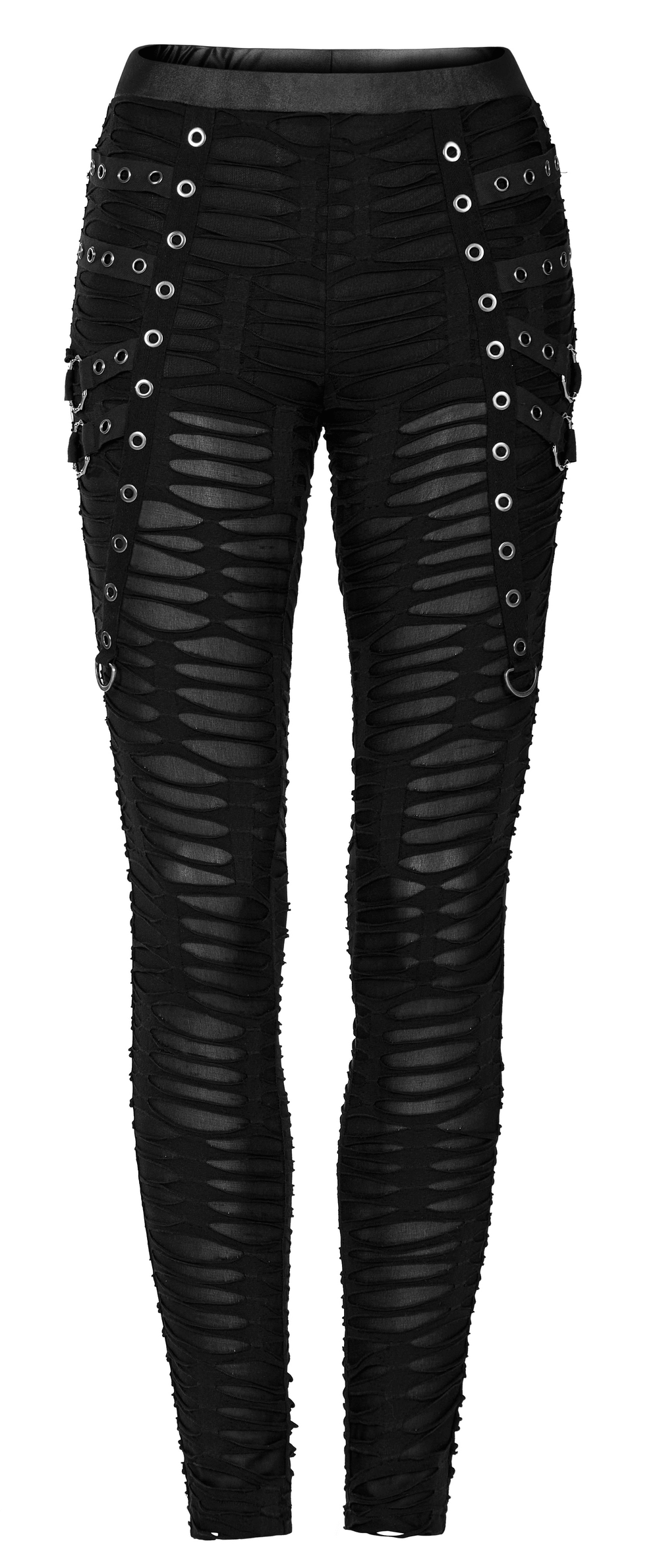 Edgy Ripped Black Leggings with Metal Rivets and Rings