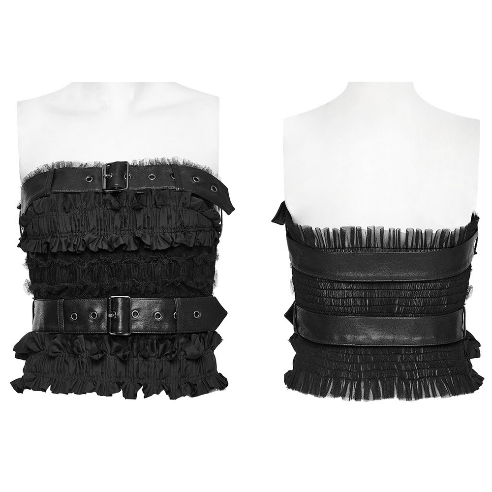 Edgy Ruffled Mesh Tube Top with Leather Accents