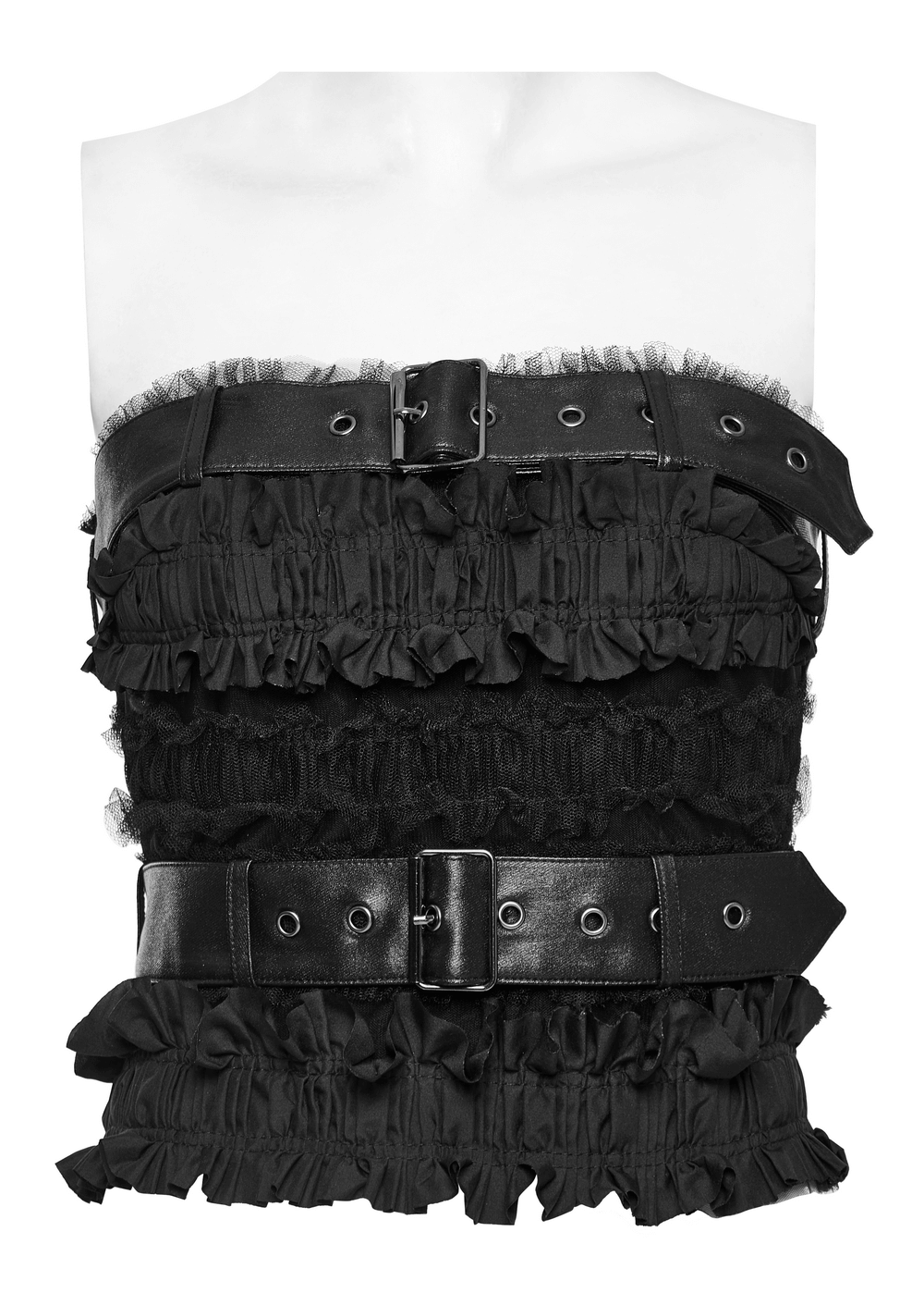 Edgy Ruffled Mesh Tube Top with Leather Accents