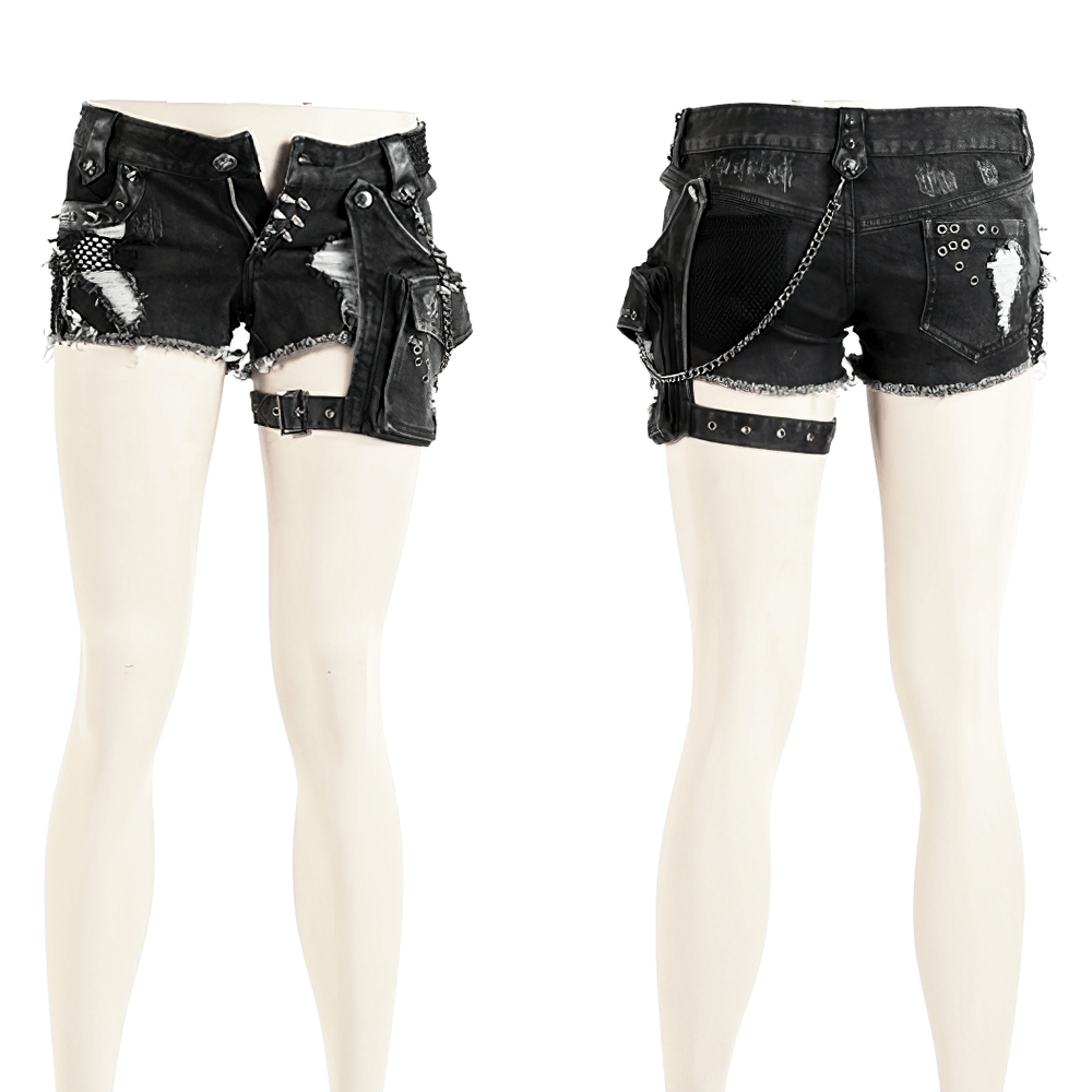 Edgy Women's Black Denim Shorts with Punk Details