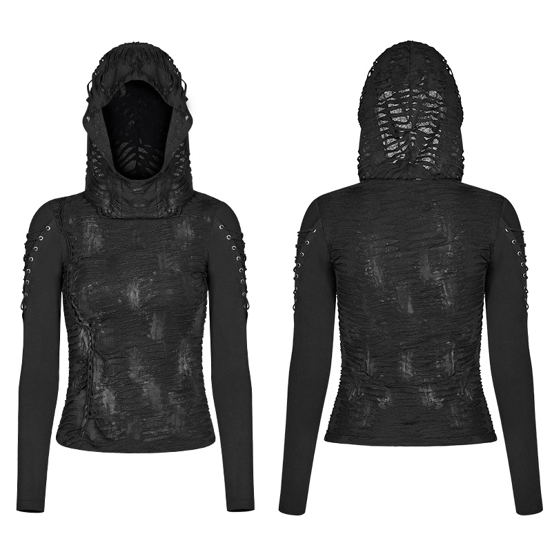 Edgy Women's Black Lace Up Detail Hooded Sweatshirt