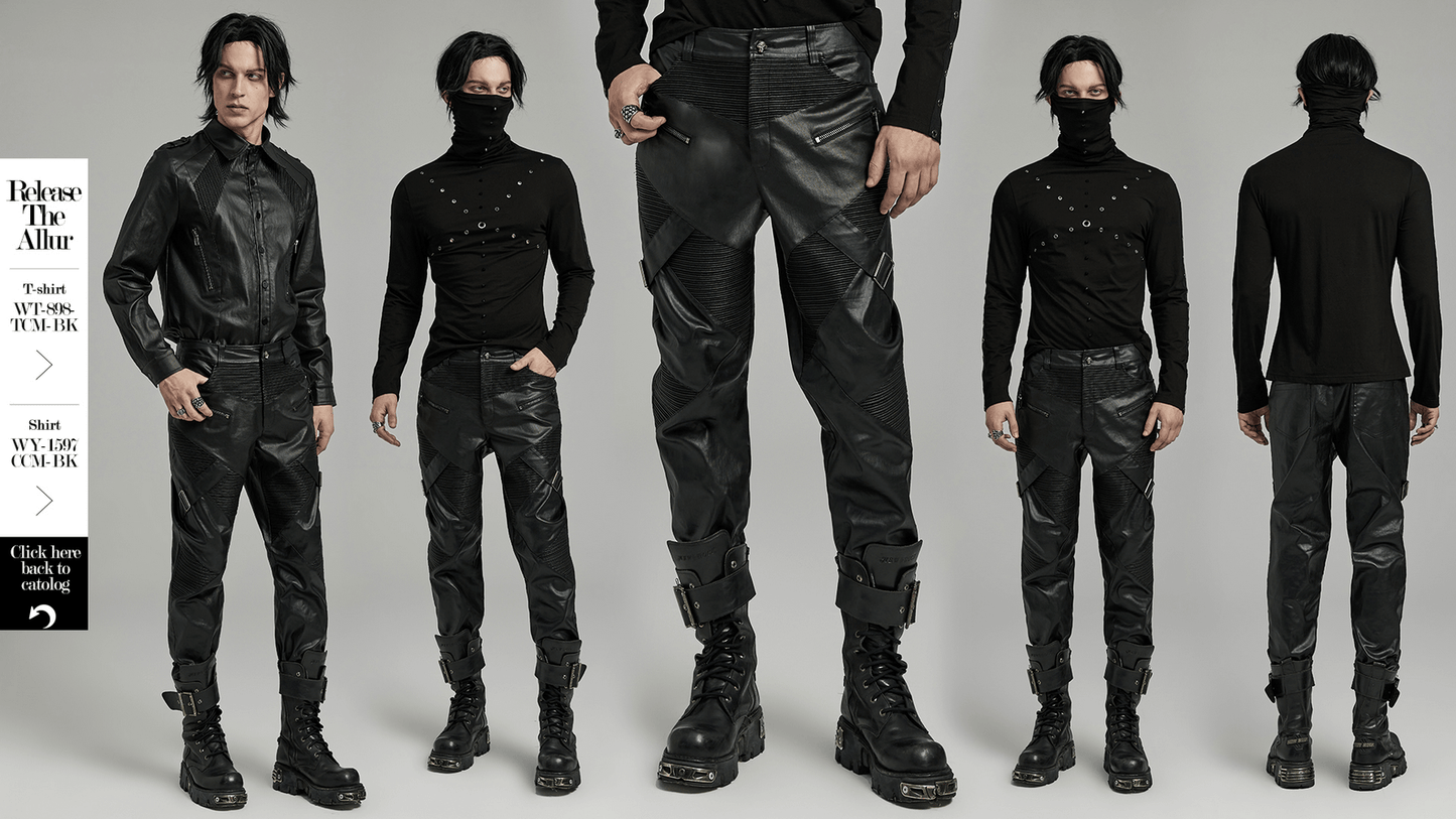 Elastic Men's Punk Style Leather Pants with Zippers