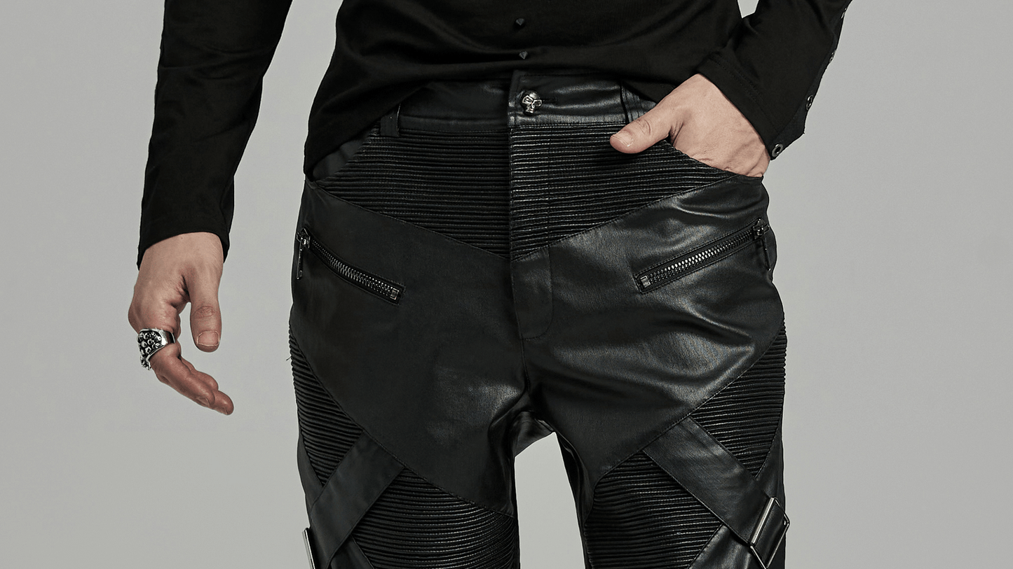 Elastic Men's Punk Style Leather Pants with Zippers