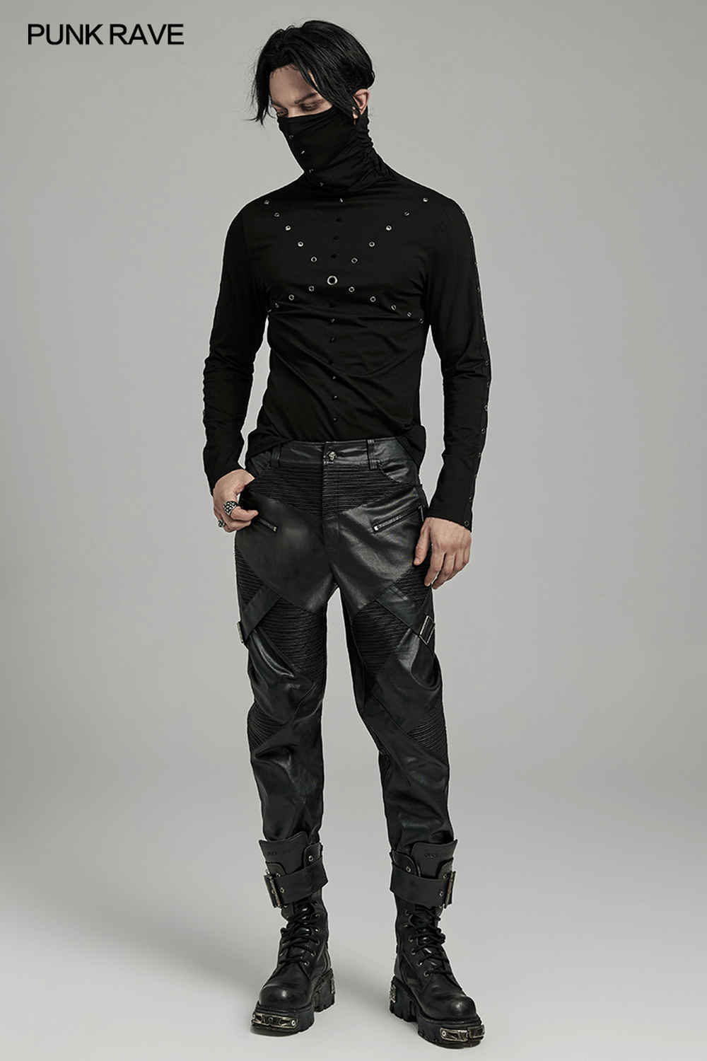 Elastic Men's Punk Style Leather Pants with Zippers