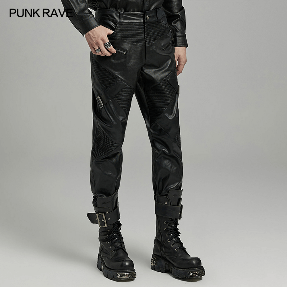 Elastic Men's Punk Style Leather Pants with Zippers