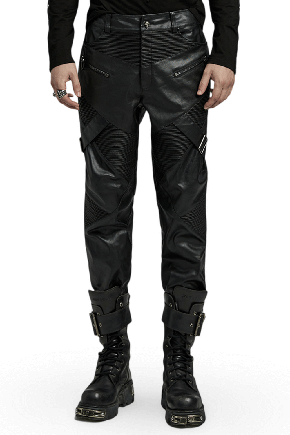 Elastic Men's Punk Style Leather Pants with Zippers