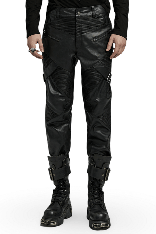 Elastic Men's Punk Style Leather Pants with Zippers