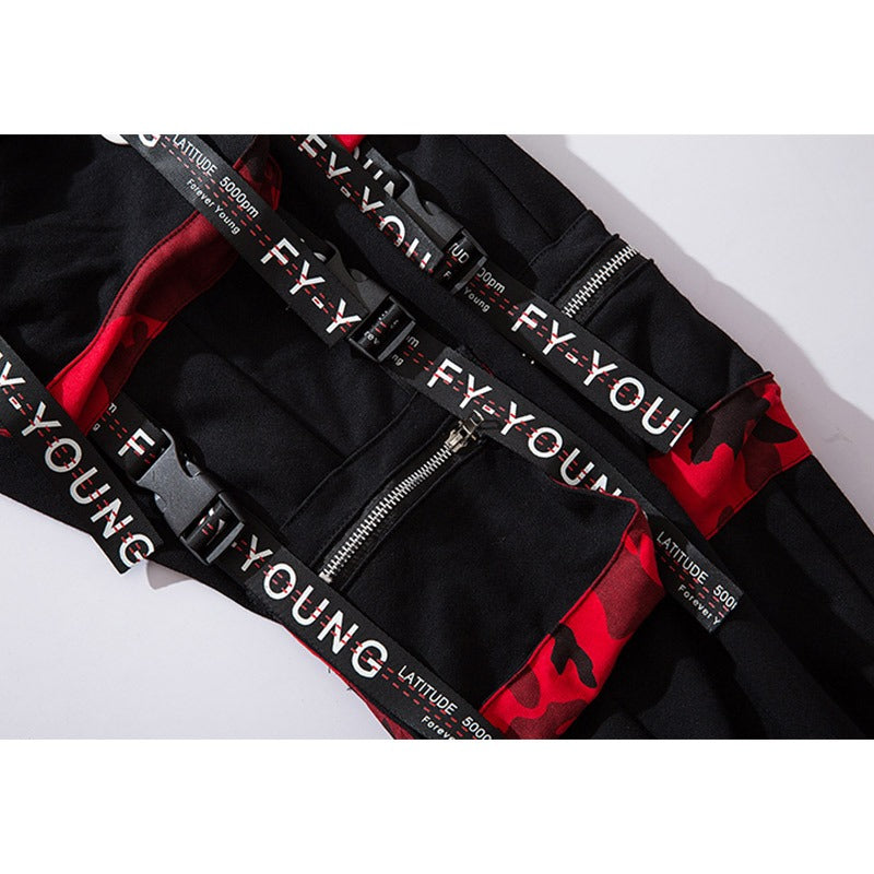 Elastic Waist Men's Multi-Pockets Joggers / Casual Pants With Straps / Fashion Male Streetwear