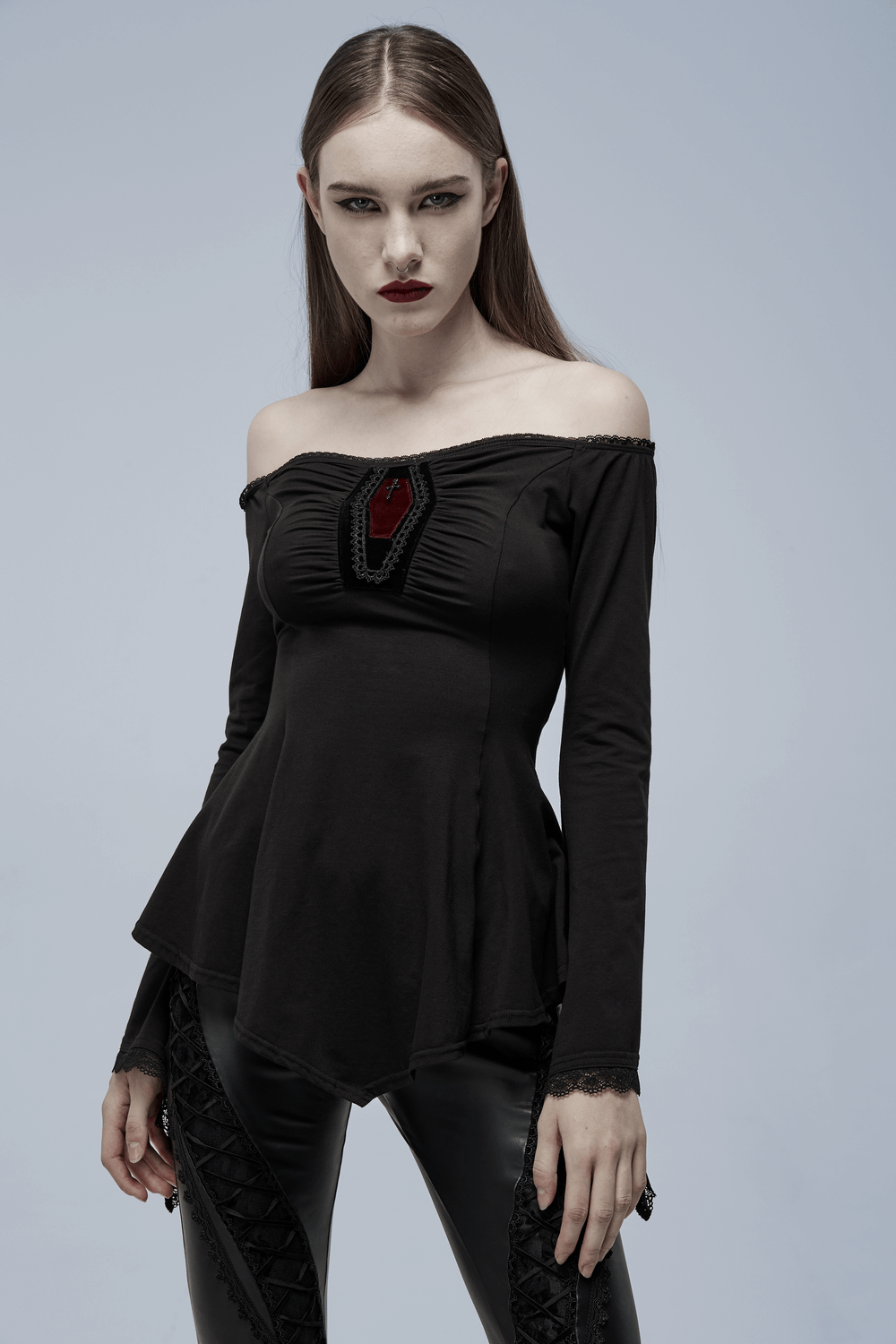 Elegant Bell-Sleeves Coffin Accent Goth Top for Women
