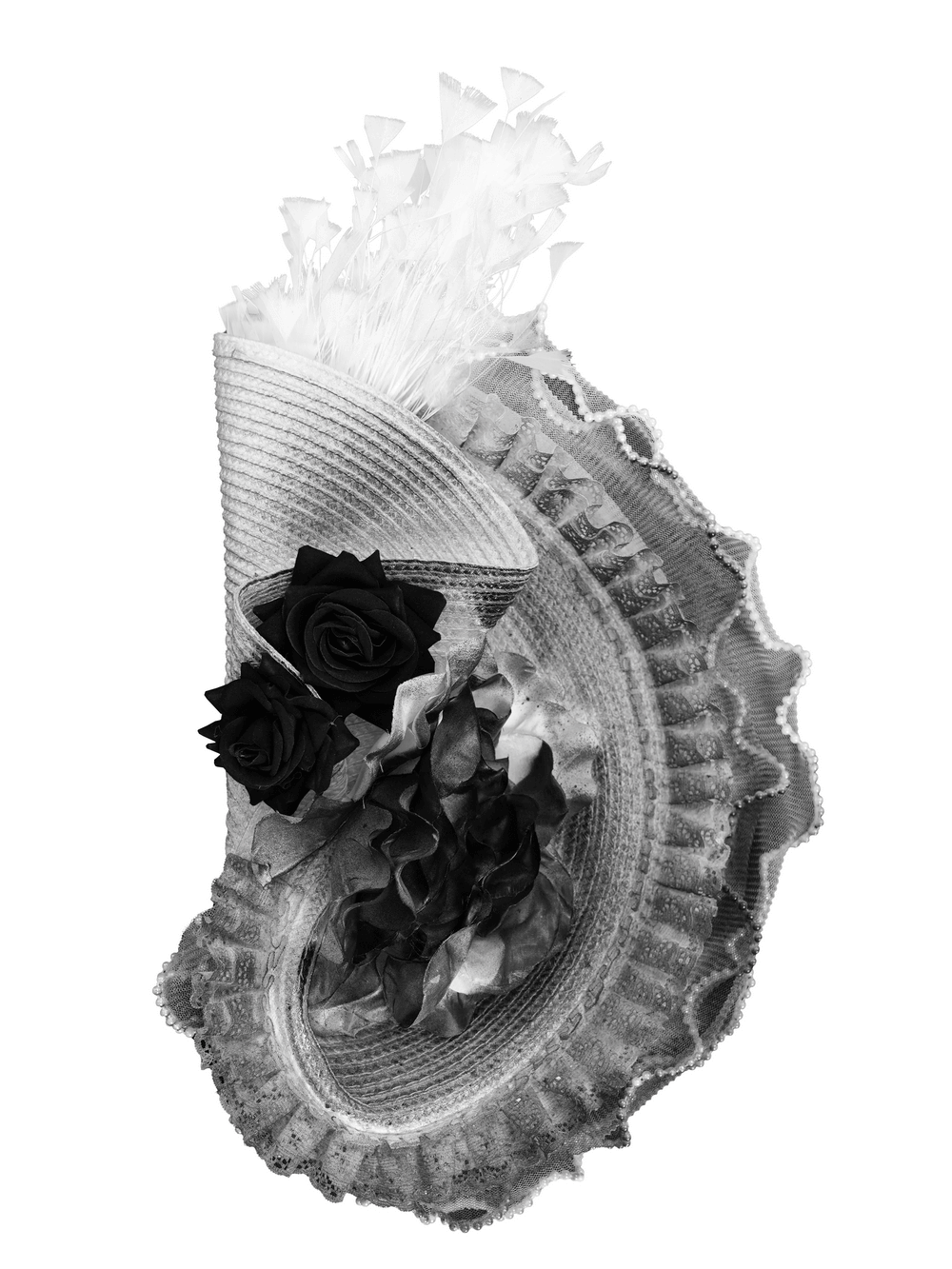 Elegant Black and White Floral Fascinator Hat with Feathers