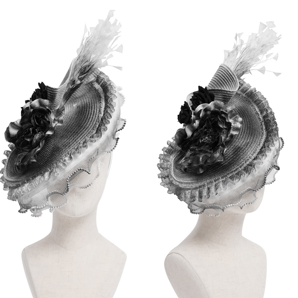 Elegant Black and White Floral Fascinator Hat with Feathers
