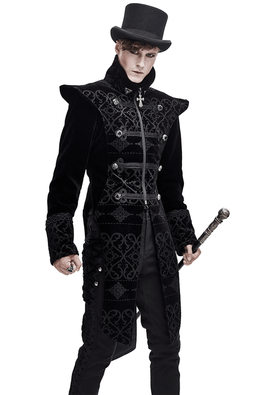 Elegant Black Coat with Pointed Shoulders / Gothic Style Applique Coat with Engraved Buttons