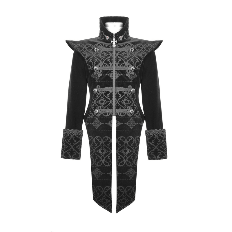 Elegant Black Coat with Pointed Shoulders / Gothic Style Applique Coat with Engraved Buttons