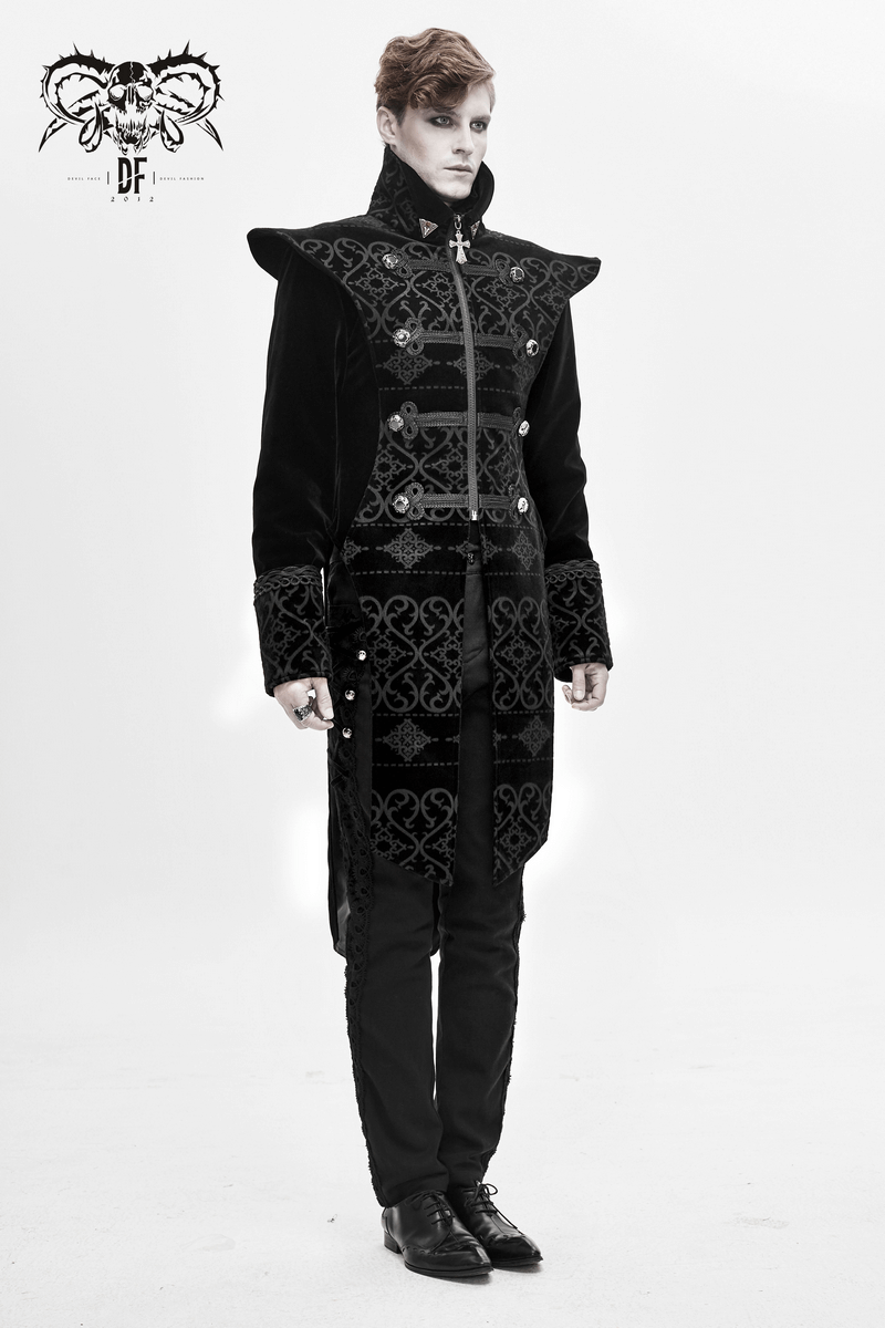 Elegant Black Coat with Pointed Shoulders / Gothic Style Applique Coat with Engraved Buttons
