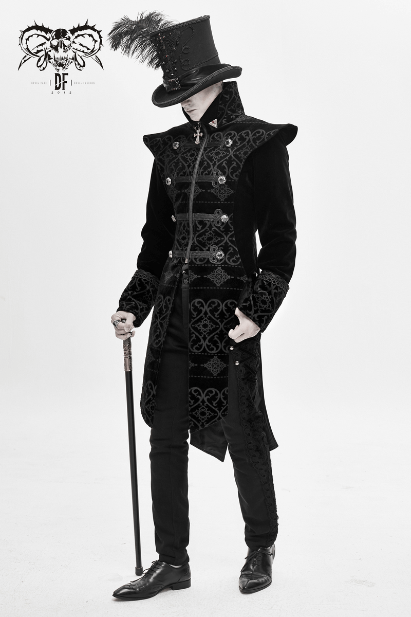 Elegant Black Coat with Pointed Shoulders / Gothic Style Applique Coat with Engraved Buttons