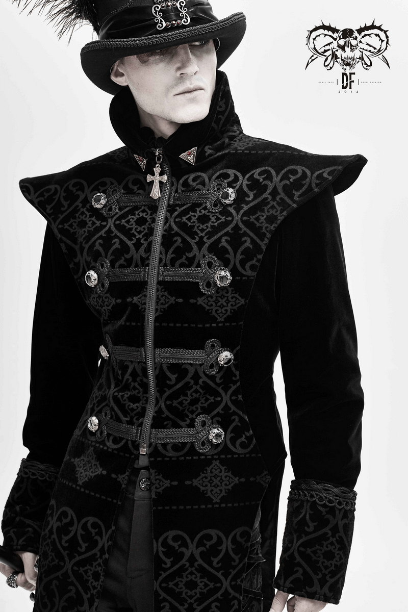 Elegant Black Coat with Pointed Shoulders / Gothic Style Applique Coat with Engraved Buttons