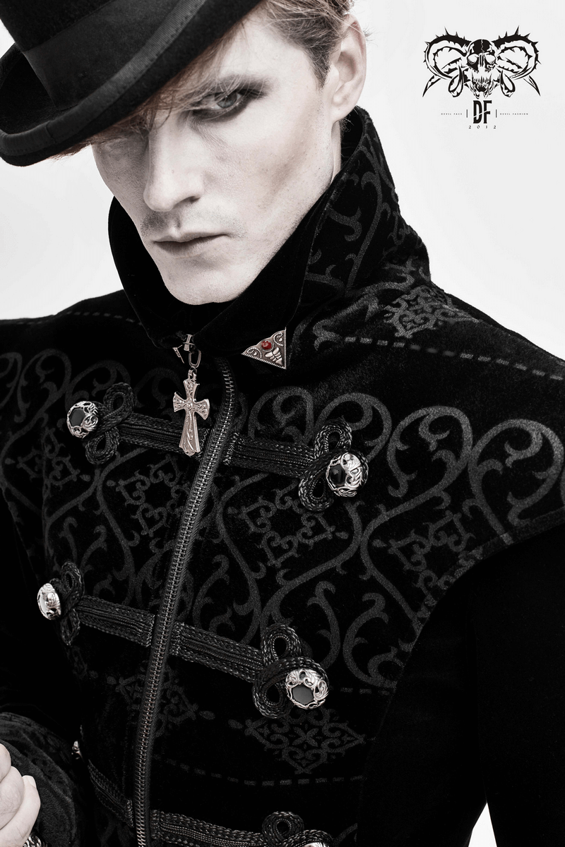 Elegant Black Coat with Pointed Shoulders / Gothic Style Applique Coat with Engraved Buttons