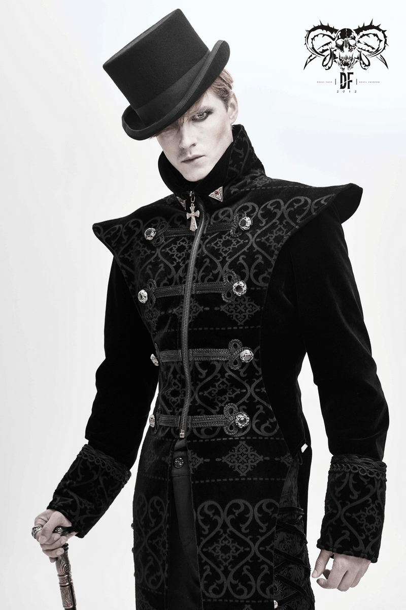 Elegant Black Coat with Pointed Shoulders / Gothic Style Applique Coat with Engraved Buttons