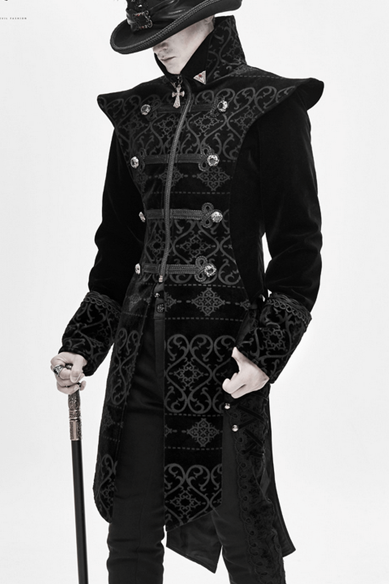 Elegant Black Coat with Pointed Shoulders / Gothic Style Applique Coat with Engraved Buttons