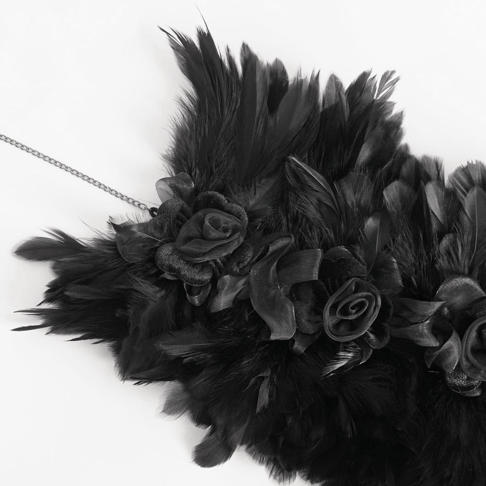 Elegant Black Collar with Fabric Flowers and Feathers