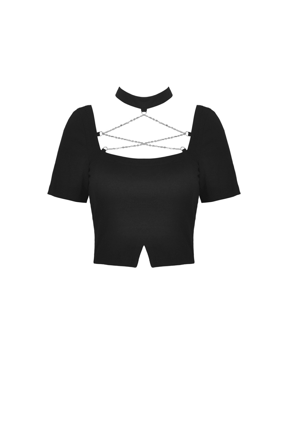 Elegant Black Crop Top with Unique Neckline and Chain Detail