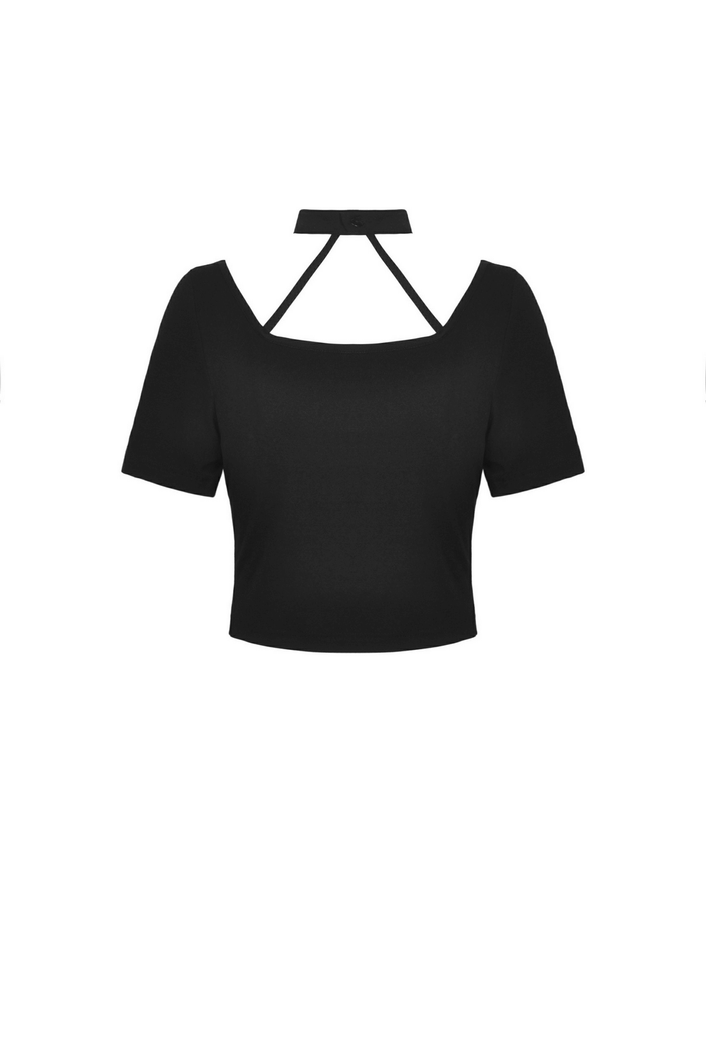 Elegant Black Crop Top with Unique Neckline and Chain Detail