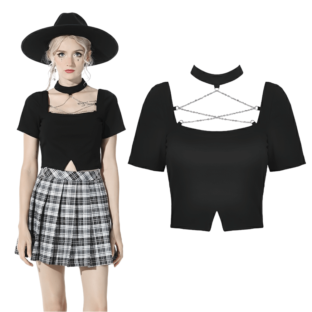 Elegant Black Crop Top with Unique Neckline and Chain Detail