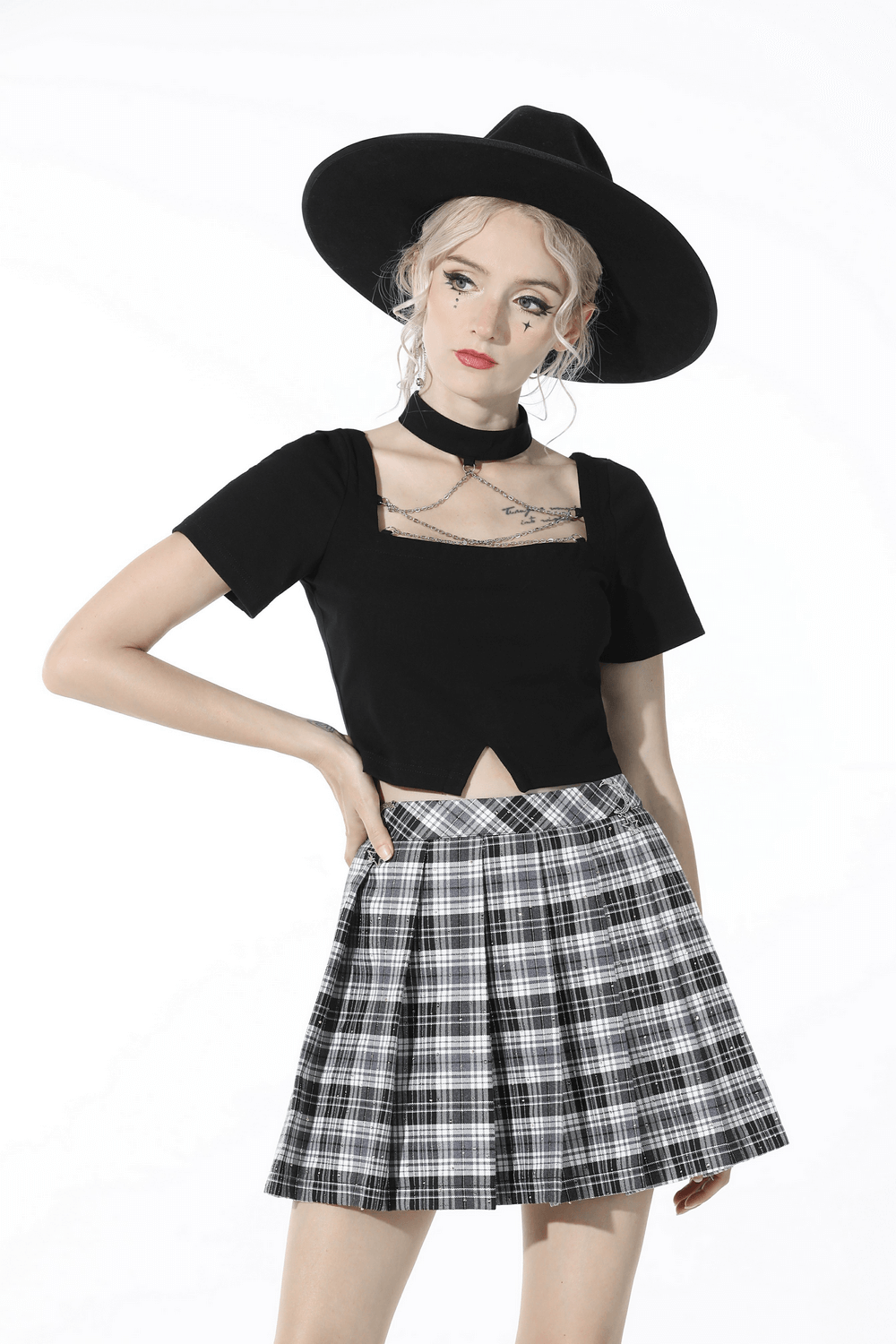 Elegant Black Crop Top with Unique Neckline and Chain Detail