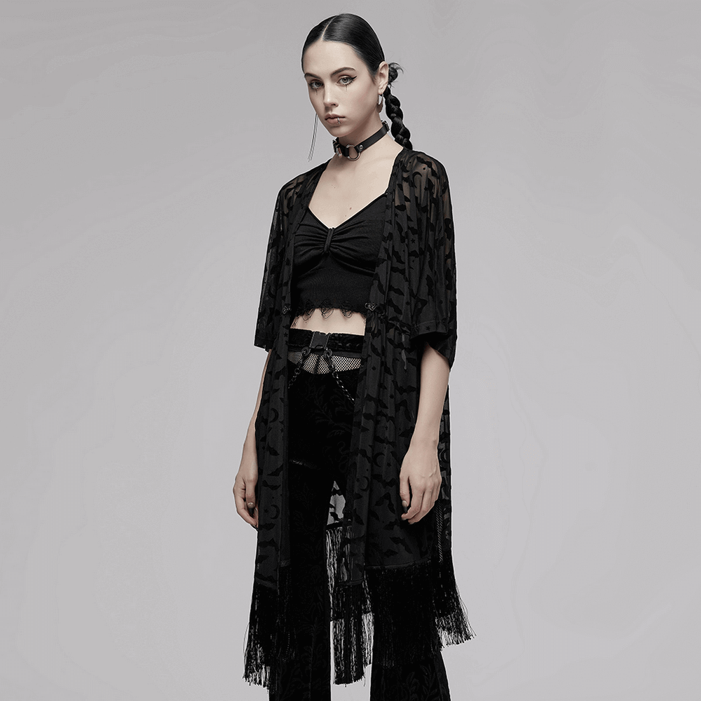 Elegant Black Lace Bat Print Kimono-Cape with Tassels