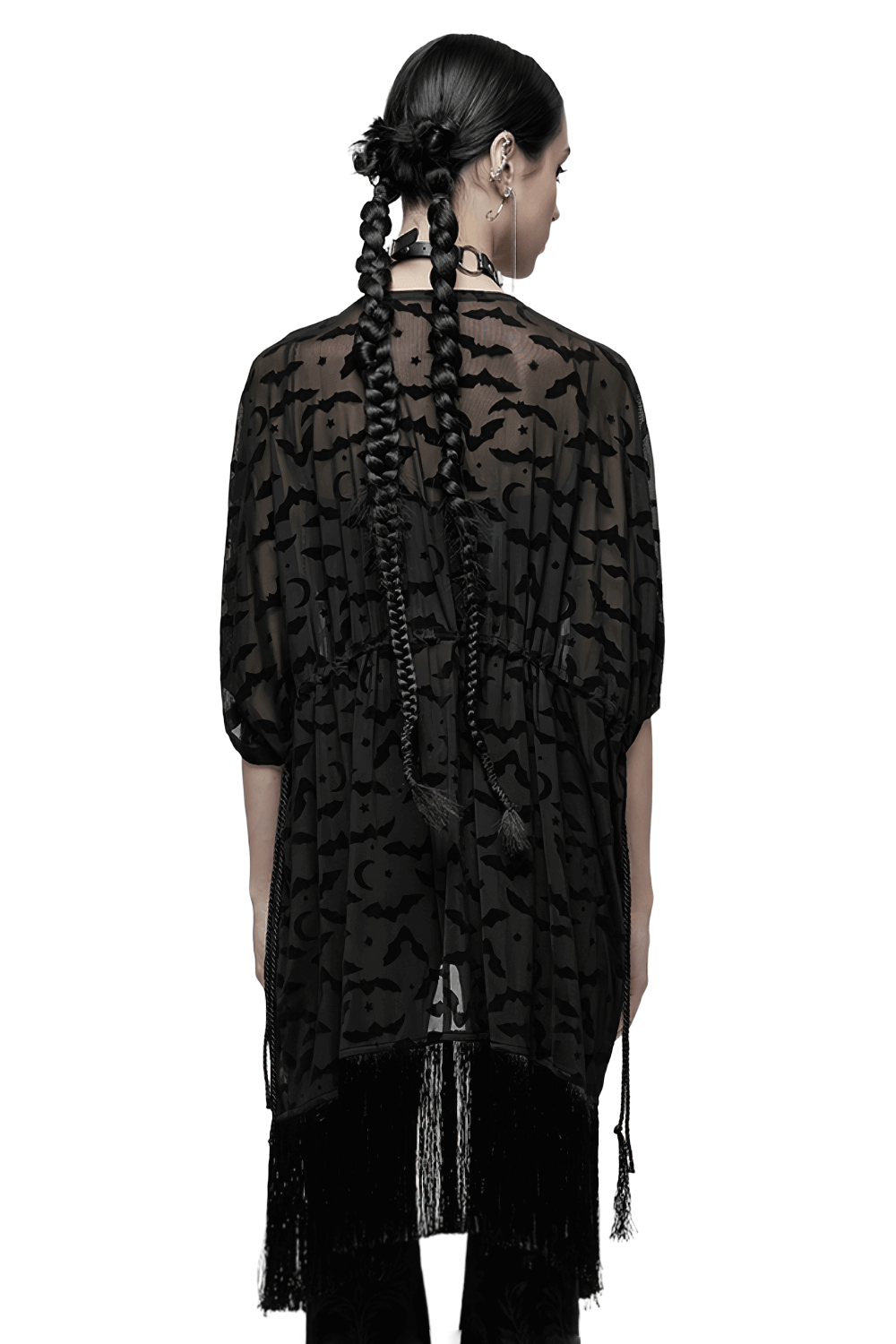 Elegant Black Lace Bat Print Kimono-Cape with Tassels