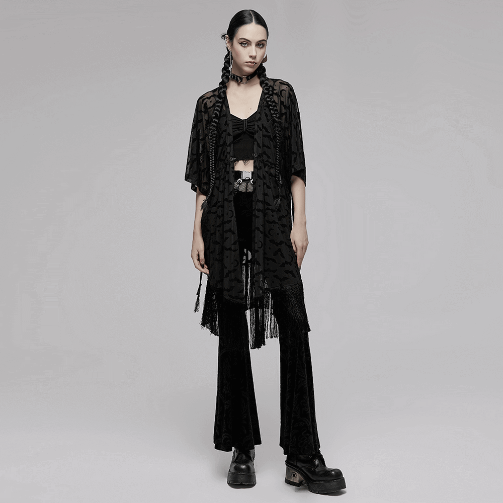 Elegant Black Lace Bat Print Kimono-Cape with Tassels