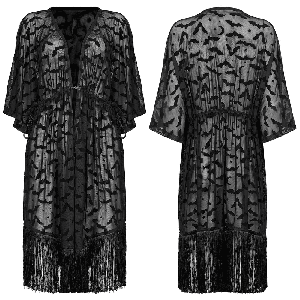 Elegant Black Lace Bat Print Kimono-Cape with Tassels