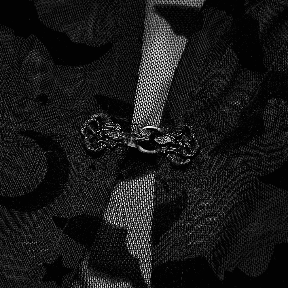 Elegant Black Lace Bat Print Kimono-Cape with Tassels