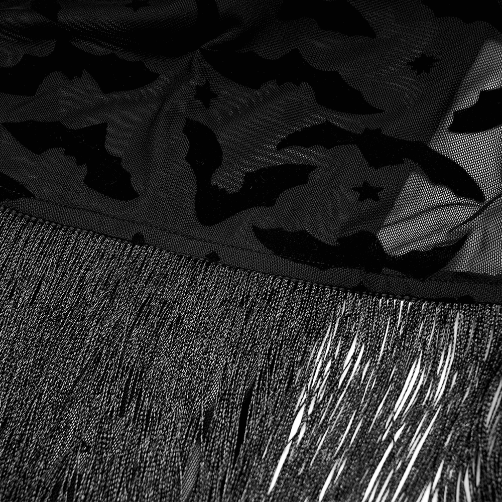 Elegant Black Lace Bat Print Kimono-Cape with Tassels