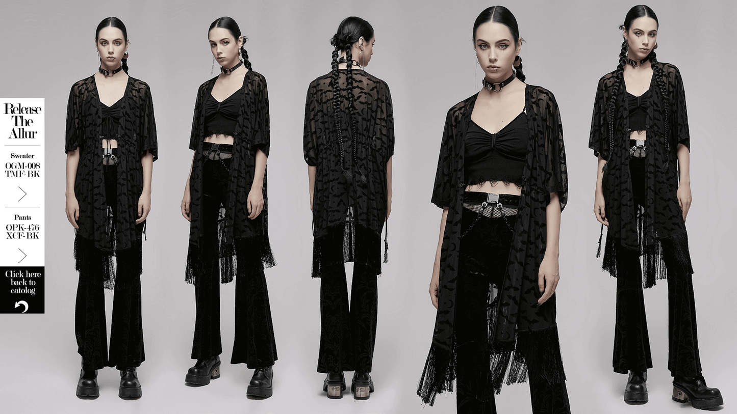 Elegant Black Lace Bat Print Kimono-Cape with Tassels