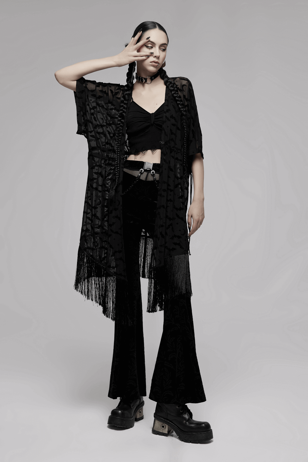 Elegant Black Lace Bat Print Kimono-Cape with Tassels