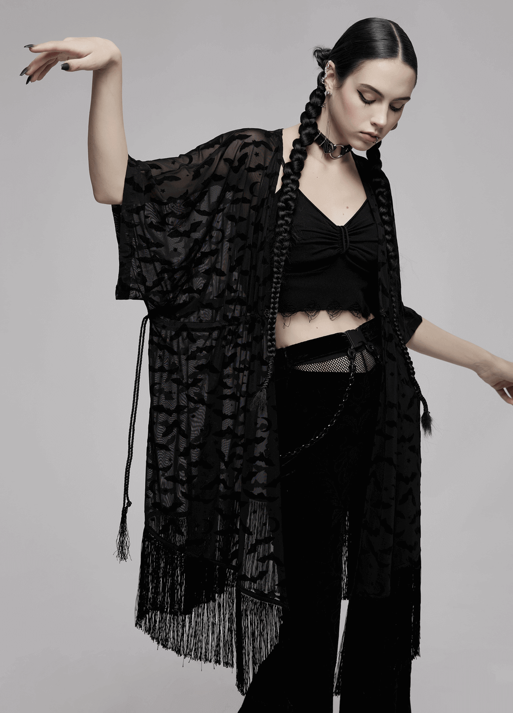 Elegant Black Lace Bat Print Kimono-Cape with Tassels