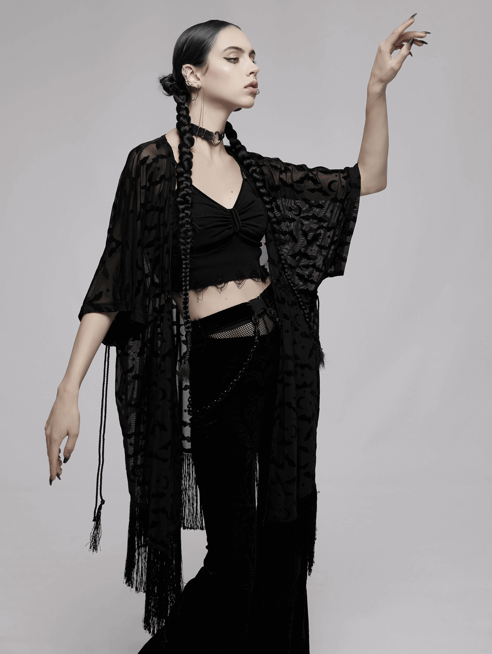 Elegant Black Lace Bat Print Kimono-Cape with Tassels
