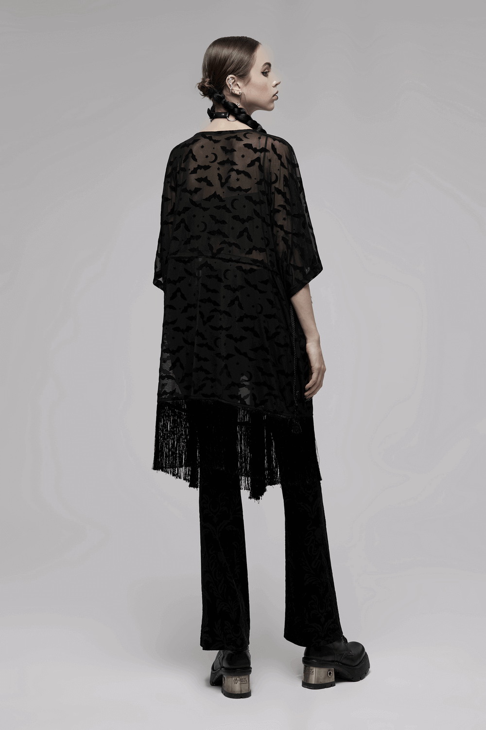Elegant Black Lace Bat Print Kimono-Cape with Tassels