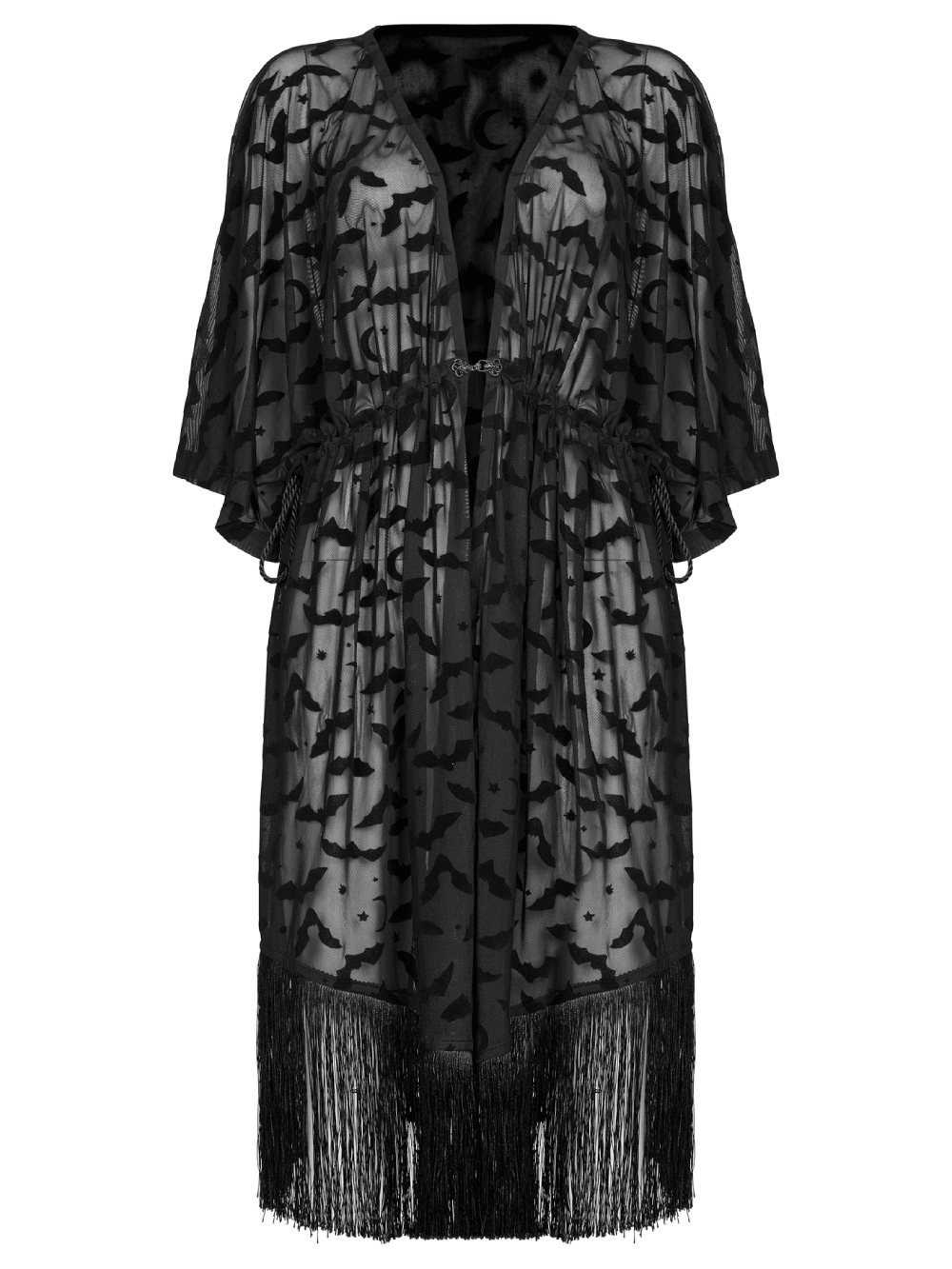 Elegant Black Lace Bat Print Kimono-Cape with Tassels