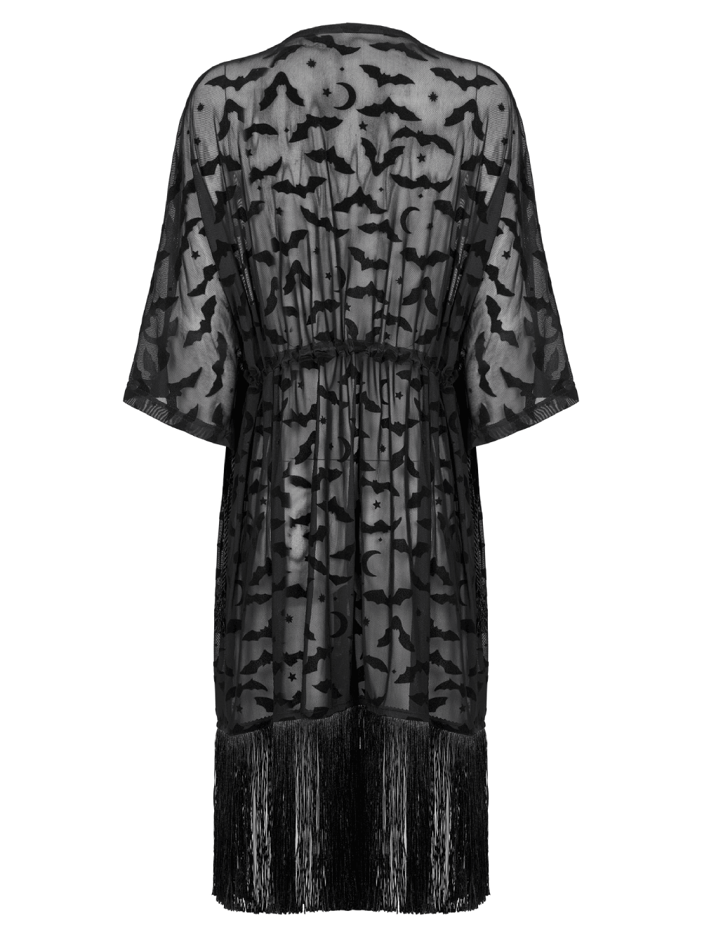 Elegant Black Lace Bat Print Kimono-Cape with Tassels