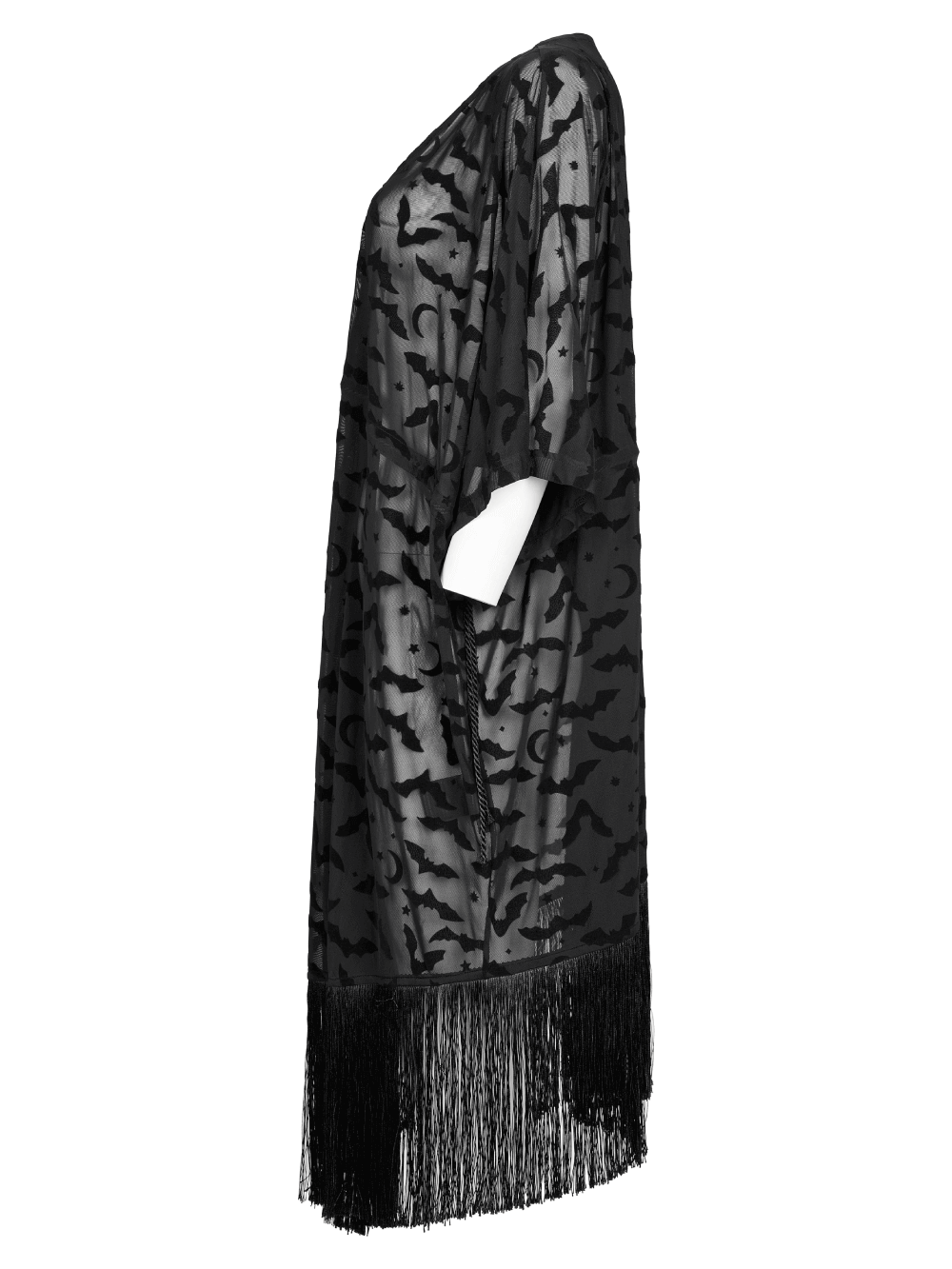Elegant Black Lace Bat Print Kimono-Cape with Tassels