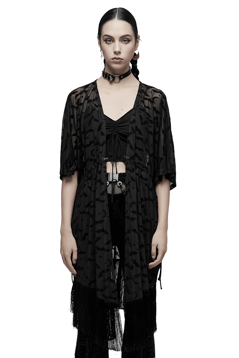Elegant Black Lace Bat Print Kimono-Cape with Tassels